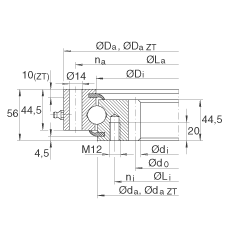 四點接觸球軸承 VSI200944-N, 標準系列 20， 內部的齒輪齒，兩側唇密封