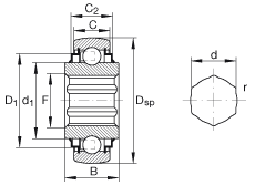 外球面球軸承 SK100-206-KRR-B-AH11, 球面外圈，內(nèi)圈帶六角形孔，兩側 R 型密封